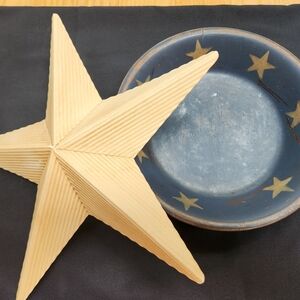 Primitive Blue Wooden Starry Bowl & Cream Colored Metal Star